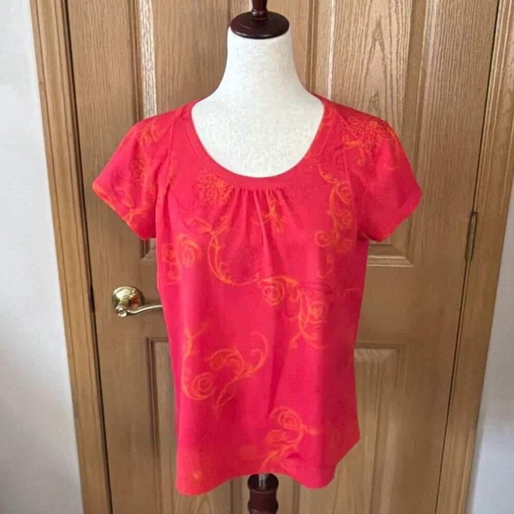L.L.Bean WomenโsโPinkโ Orange Swirl Print Short Sleeve Top โ Size L